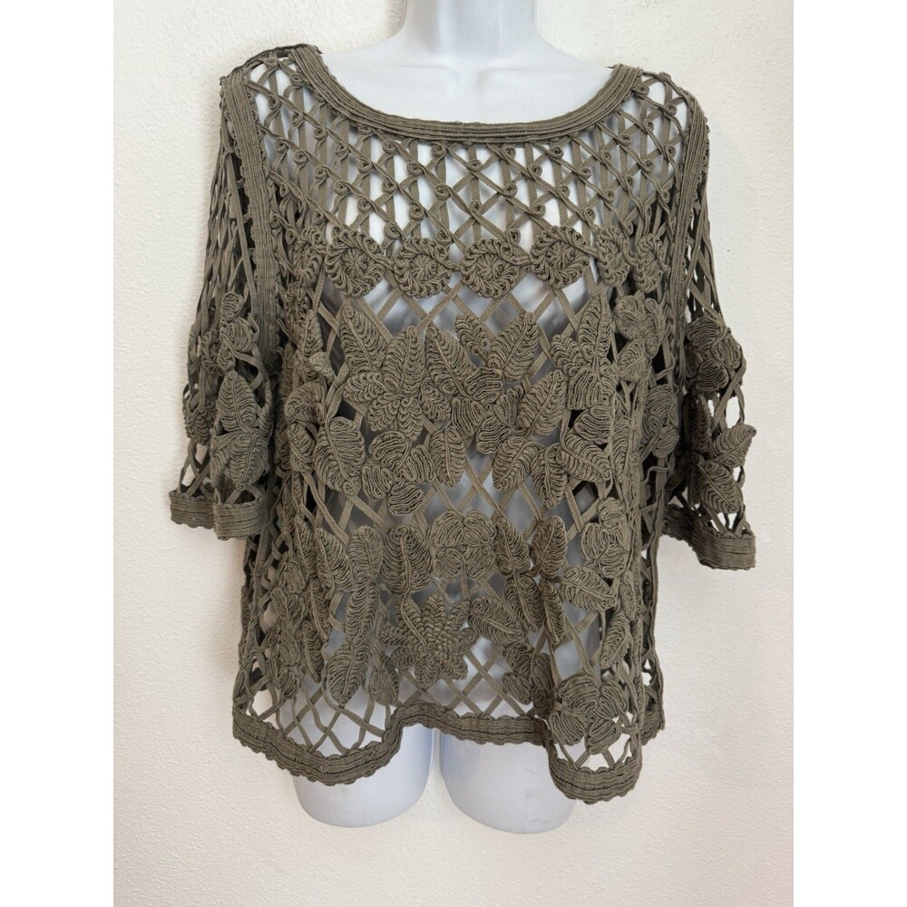 Chicos Sweater Full Crochet Floral Size 1/medium Olive Green Fall Office Boho